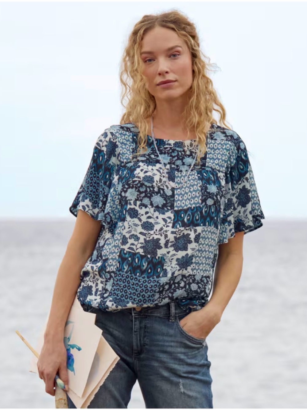 NEW Garnet Hill Patchwork Print Flutter Short Sleeve Top in Blue